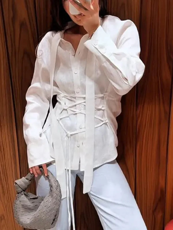 Wolfeel 100% Cotton New Autumn Tie Belted Shirt Women's Floating Ribbon Cardigan Top Commuting Slim Blouse Quick Pick Grocers